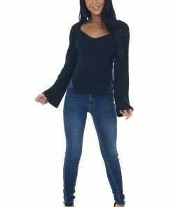 Do + Be Tops Black Flare Sleeve Side Slit Ribbed Sweater