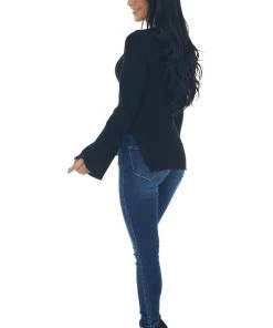 Do + Be Tops Black Flare Sleeve Side Slit Ribbed Sweater