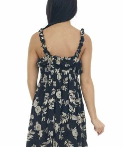 ANGIE Black Floral Babydoll Sleeveless Mini Dress Dresses