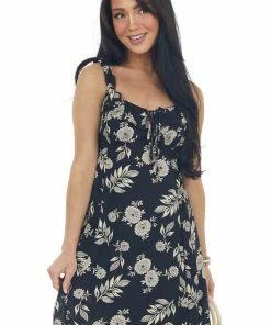 ANGIE Black Floral Babydoll Sleeveless Mini Dress Dresses