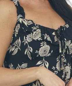 ANGIE Black Floral Babydoll Sleeveless Mini Dress Dresses