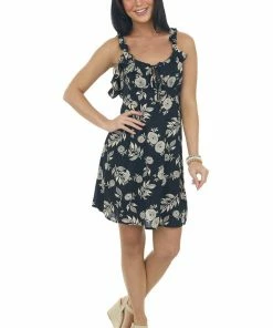 ANGIE Black Floral Babydoll Sleeveless Mini Dress Dresses