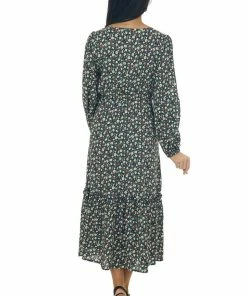 Miss Sparkling Black Floral Bubble Sleeve Midi Dress Dresses