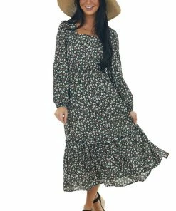 Miss Sparkling Black Floral Bubble Sleeve Midi Dress Dresses