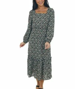 Miss Sparkling Black Floral Bubble Sleeve Midi Dress Dresses