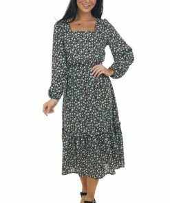 Miss Sparkling Black Floral Bubble Sleeve Midi Dress Dresses