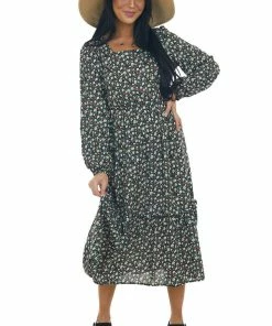 Miss Sparkling Black Floral Bubble Sleeve Midi Dress Dresses