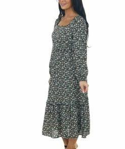 Miss Sparkling Black Floral Bubble Sleeve Midi Dress Dresses