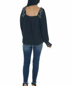 Andree Black Floral Embroidered Babydoll Knit Top Tops