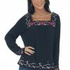 Andree Black Floral Embroidered Babydoll Knit Top Tops