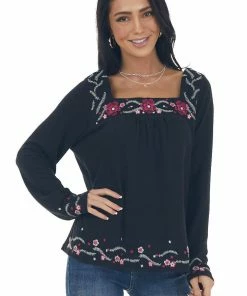 Andree Black Floral Embroidered Babydoll Knit Top Tops
