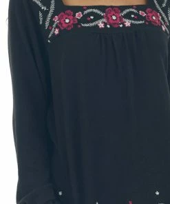 Andree Black Floral Embroidered Babydoll Knit Top Tops