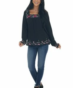 Andree Black Floral Embroidered Babydoll Knit Top Tops