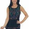 Umgee Tops Black Floral Embroidered Drop Waist Top