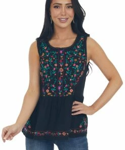 Umgee Tops Black Floral Embroidered Drop Waist Top