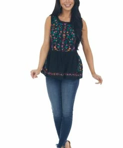Umgee Tops Black Floral Embroidered Drop Waist Top
