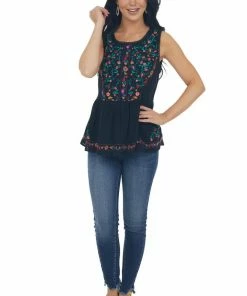 Umgee Tops Black Floral Embroidered Drop Waist Top