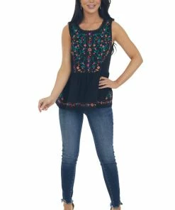 Umgee Tops Black Floral Embroidered Drop Waist Top
