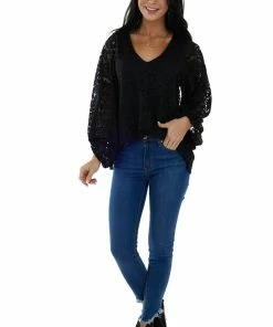 Vine & Love Tops Black Floral Lace Long Bubble Sleeve Blouse