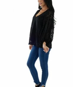 Vine & Love Tops Black Floral Lace Long Bubble Sleeve Blouse