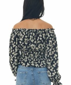She + Sky Black Floral Off Shoulder Long Sleeve Blouse Tops