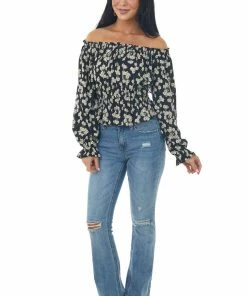 She + Sky Black Floral Off Shoulder Long Sleeve Blouse Tops
