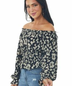 She + Sky Black Floral Off Shoulder Long Sleeve Blouse Tops