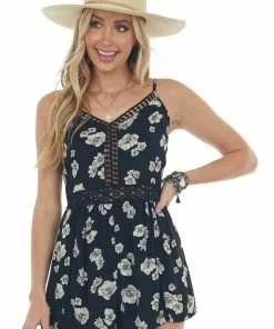 ANGIE Dresses Black Floral Print Back Cut Out Lace Romper