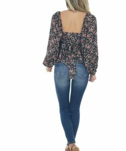 Entro Tops Black Floral Print Bubble Sleeve Peplum Blouse