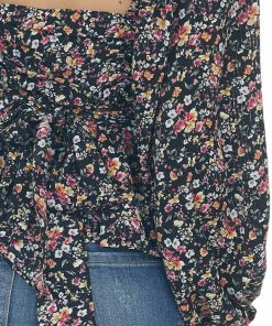 Entro Tops Black Floral Print Bubble Sleeve Peplum Blouse