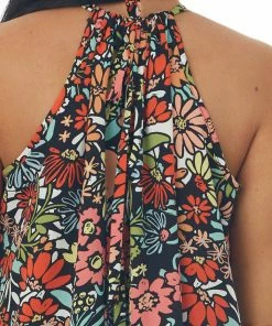 HESED Dresses Black Floral Print Halter Neck Midi Dress