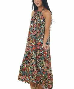 HESED Dresses Black Floral Print Halter Neck Midi Dress
