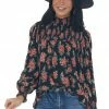 ANGIE Tops Black Floral Print Long Sleeve Smocked Blouse