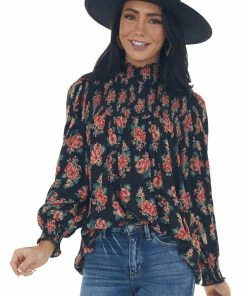 ANGIE Tops Black Floral Print Long Sleeve Smocked Blouse