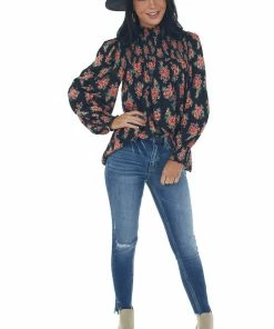ANGIE Tops Black Floral Print Long Sleeve Smocked Blouse