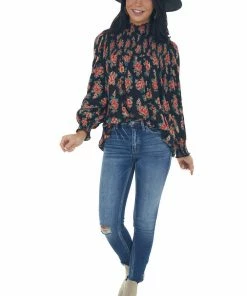 ANGIE Tops Black Floral Print Long Sleeve Smocked Blouse