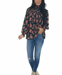 ANGIE Tops Black Floral Print Long Sleeve Smocked Blouse