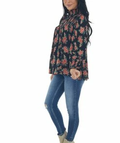 ANGIE Tops Black Floral Print Long Sleeve Smocked Blouse