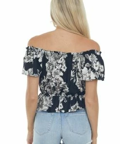 ANGIE Black Floral Print Off Shoulder Cropped Blouse
