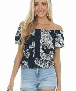 ANGIE Black Floral Print Off Shoulder Cropped Blouse