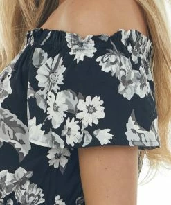 ANGIE Black Floral Print Off Shoulder Cropped Blouse