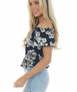 ANGIE Black Floral Print Off Shoulder Cropped Blouse