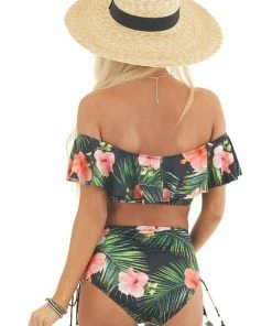 Beach Joy Bikini Black Floral Print Off The Shoulder High Waisted Bikini