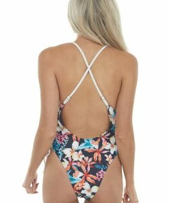 Mermaid Swimwear Black Floral Print One Piece Lace Up Swimsuit