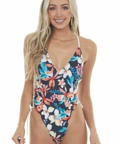Mermaid Swimwear Black Floral Print One Piece Lace Up Swimsuit