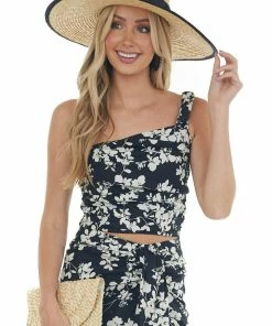 Lush Clothing Black Floral Print One Shoulder Cropped Tank Tops