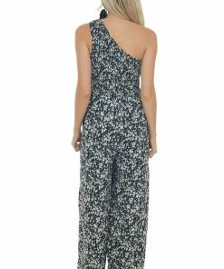 Entro Black Floral Print One Shoulder Jumpsuit Dresses