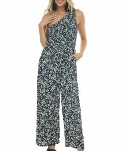 Entro Black Floral Print One Shoulder Jumpsuit Dresses