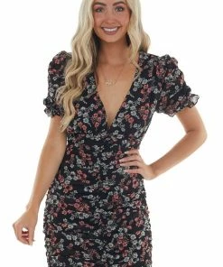 GeeGee Black Floral Print Plunging Neck Bodycon Dress Dresses