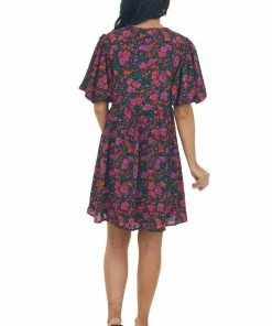 Entro Black Floral Print Puff Sleeve Mini Dress Dresses